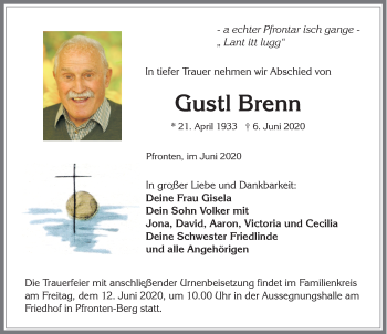 Traueranzeige von Gustl Brenn von Allgäuer Zeitung, Füssen