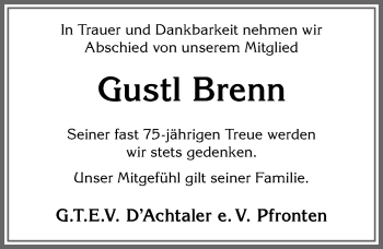 Traueranzeige von Gustl Brenn von Allgäuer Zeitung, Füssen