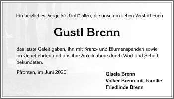 Traueranzeige von Gustl Brenn von Allgäuer Zeitung, Füssen
