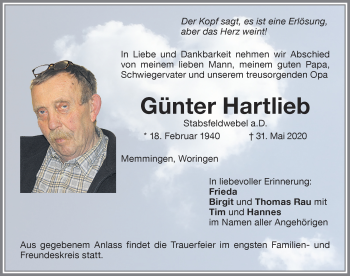 Traueranzeige von Günter Hartlieb von Memminger Zeitung