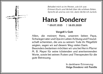 Traueranzeige von Hans Donderer von Allgäuer Anzeigeblatt