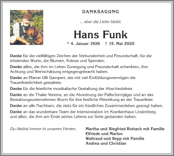 Traueranzeige von Hans Funk von Allgäuer Anzeigeblatt