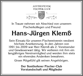Traueranzeige von Hans-Jürgen Klemß von Allgäuer Anzeigeblatt