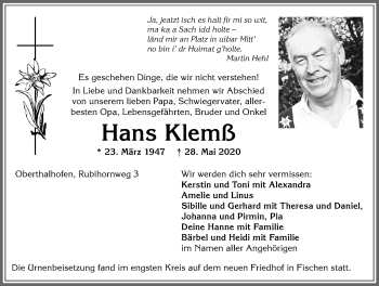 Traueranzeige von Hans Klemß von Allgäuer Anzeigeblatt