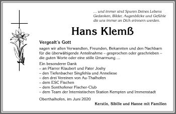 Traueranzeige von Hans Klemß von Allgäuer Anzeigeblatt