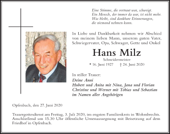 Traueranzeige von Hans Milz von Der Westallgäuer