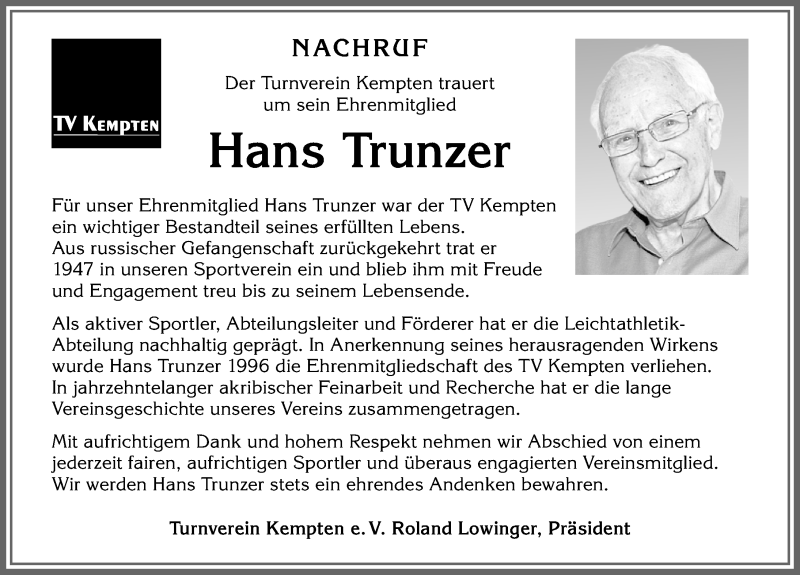  Traueranzeige für Hans Trunzer vom 13.06.2020 aus Allgäuer Zeitung,Kempten
