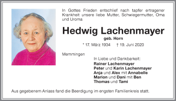 Traueranzeige von Hedwig Lachenmayer von Memminger Zeitung