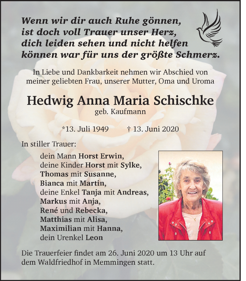  Traueranzeige für Hedwig Anna Maria Schischke vom 23.06.2020 aus Memminger Zeitung