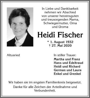 Traueranzeige von Heidi Fischer von Allgäuer Zeitung,Kempten