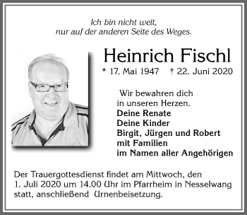 Traueranzeige von Heinrich Fischl von Allgäuer Zeitung