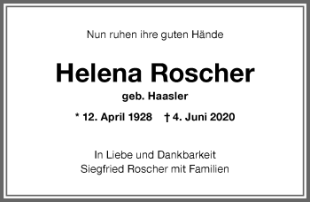 Traueranzeige von Helena Roscher von Allgäuer Zeitung,Kempten