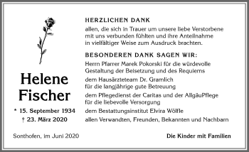 Traueranzeige von Helene Fischer von Allgäuer Anzeigeblatt