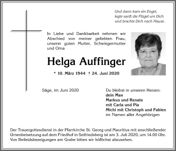 Traueranzeige von Helga Auffinger von Allgäuer Anzeigeblatt