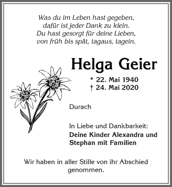 Traueranzeige von Helga Geier von Allgäuer Zeitung,Kempten