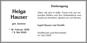 Traueranzeige von Helga Hauser von Allgäuer Zeitung, Kaufbeuren/Buchloe