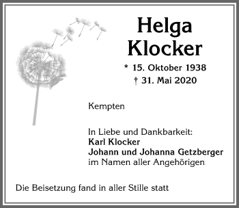 Traueranzeige von Helga Klocker von Allgäuer Zeitung,Kempten