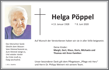 Traueranzeige von Helga Pöppel von Allgäuer Zeitung, Marktoberdorf