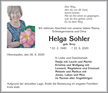 Traueranzeige von Helga Sohler von Allgäuer Zeitung