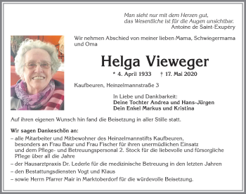 Traueranzeige von Helga Vieweger von Allgäuer Zeitung, Kaufbeuren/Buchloe