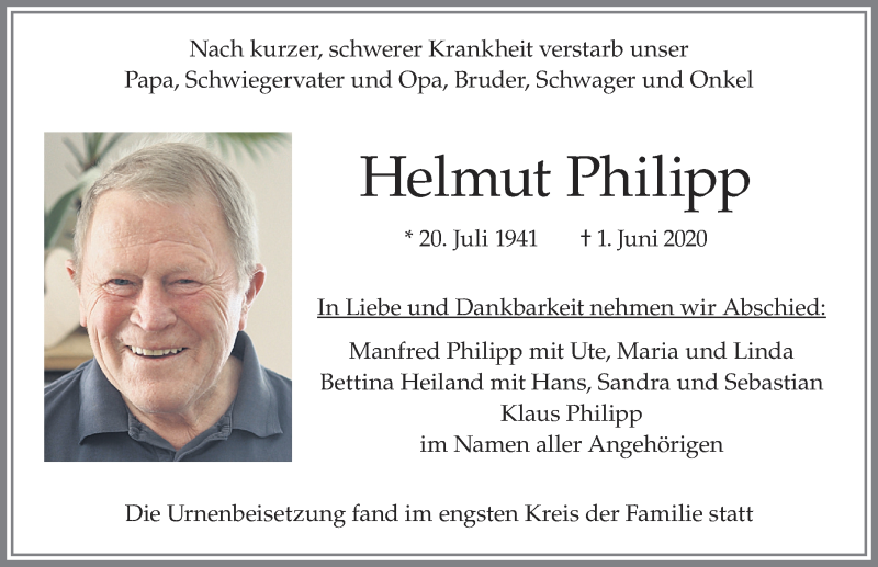  Traueranzeige für Helmut Philipp vom 13.06.2020 aus Allgäuer Zeitung, Marktoberdorf