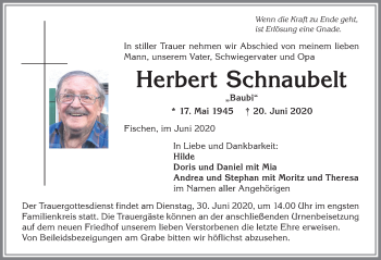 Traueranzeige von Herbert Schnaubelt von Allgäuer Anzeigeblatt
