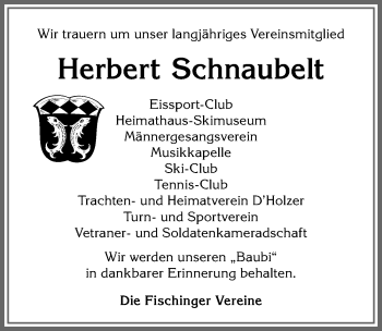 Traueranzeige von Herbert Schnaubelt von Allgäuer Anzeigeblatt