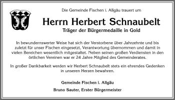 Traueranzeige von Herbert Schnaubelt von Allgäuer Anzeigeblatt