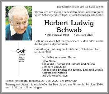 Traueranzeige von Herbert Ludwig Schwab von Allgäuer Zeitung, Marktoberdorf