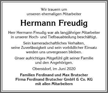 Traueranzeige von Hermann Freudig von Allgäuer Anzeigeblatt