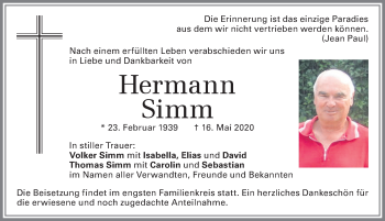 Traueranzeige von Hermann Simm von Allgäuer Zeitung, Kaufbeuren/Buchloe