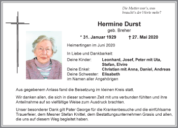 Traueranzeige von Hermine Durst von Memminger Zeitung