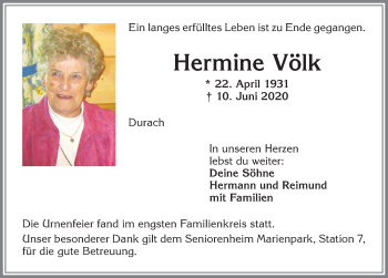 Traueranzeige von Hermine Völk von Allgäuer Zeitung,Kempten