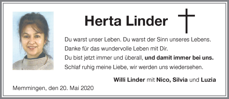  Traueranzeige für Herta Linder vom 06.06.2020 aus Memminger Zeitung