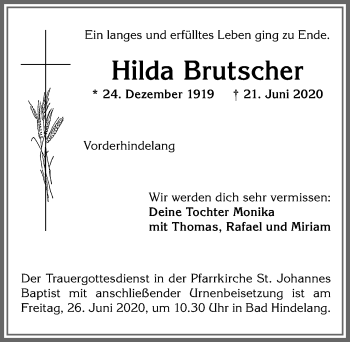 Traueranzeige von Hilda Brutscher von Allgäuer Anzeigeblatt
