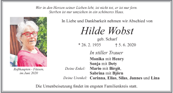 Traueranzeige von Hilde Wobst von Allgäuer Zeitung, Füssen