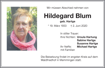 Traueranzeige von Hildegard Blum von Memminger Zeitung