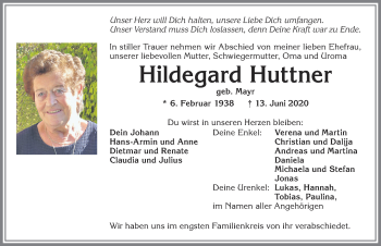 Traueranzeige von Hildegard Huttner von Allgäuer Zeitung, Marktoberdorf