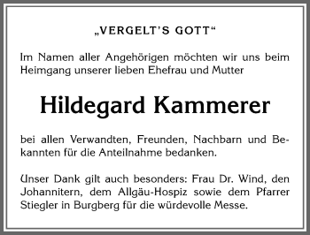 Traueranzeige von Hildegard Kammerer von Allgäuer Anzeigeblatt