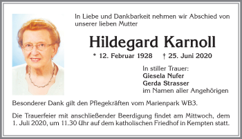 Traueranzeige von Hildegard Karnoll von Allgäuer Zeitung,Kempten