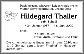 Traueranzeige von Hildegard Thaller von Allgäuer Zeitung, Marktoberdorf