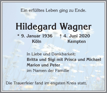 Traueranzeige von Hildegard Wagner von Allgäuer Zeitung