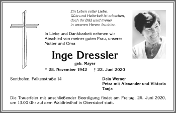 Traueranzeige von Inge Dressler von Allgäuer Anzeigeblatt