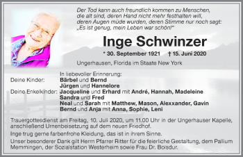 Traueranzeige von Inge Schwinzer von Memminger Zeitung