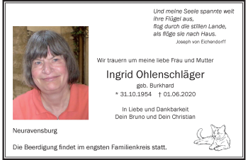 Traueranzeige von Ingrid Ohlenschläger von Der Westallgäuer