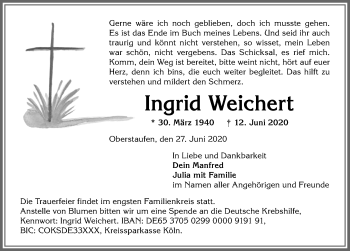 Traueranzeige von Ingrid Weichert von Allgäuer Anzeigeblatt