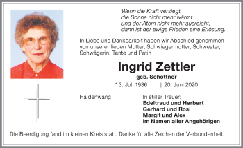 Traueranzeige von Ingrid Zettler von Allgäuer Zeitung,Kempten