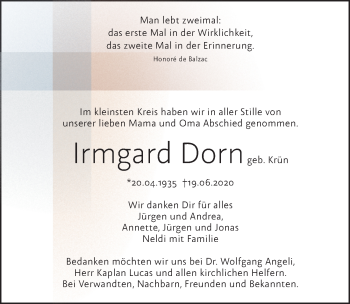Traueranzeige von Irmgard Dorn von Allgäuer Zeitung,Kempten