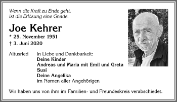 Traueranzeige von Joe Kehrer von Allgäuer Zeitung,Kempten