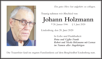 Traueranzeige von Johann Holzmann von Der Westallgäuer